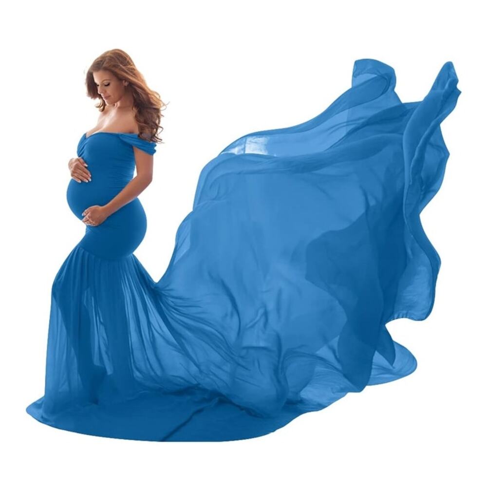 Iwemek Maternity Dress Mermaid Off Shoulder Slim Fit Chiffon Gown Sky Blue New